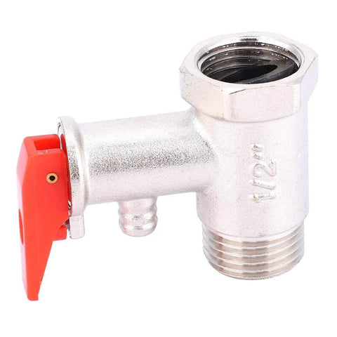 Brass-plated water heater safety relief valve with red lever, side bleed port, 1/2 in G1/2 threaded.