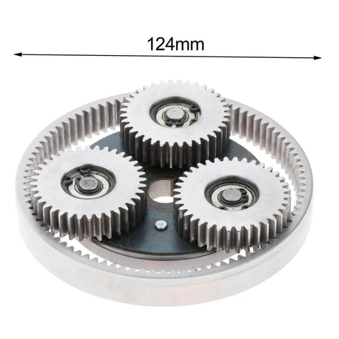 36T Planetary Gear With Clutch Kit For Electric Motors, 12mm Thick, 47.5mm Diameter Steel Gear Set showing gears and 124mm width