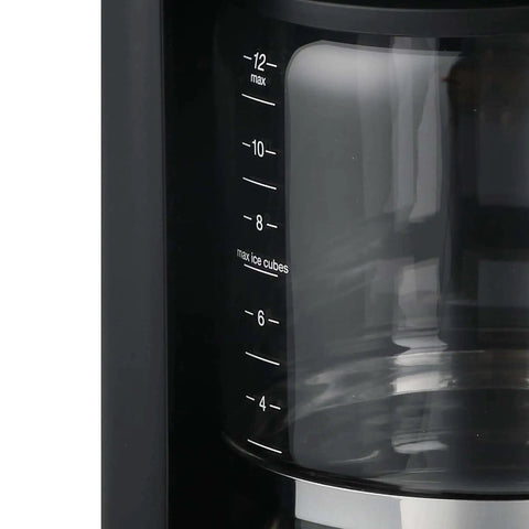 Close-up of 12-Cup Touchscreen Coffee Maker With Glass Carafe, showing measurement markings for brew strength control and iced coffee mode.