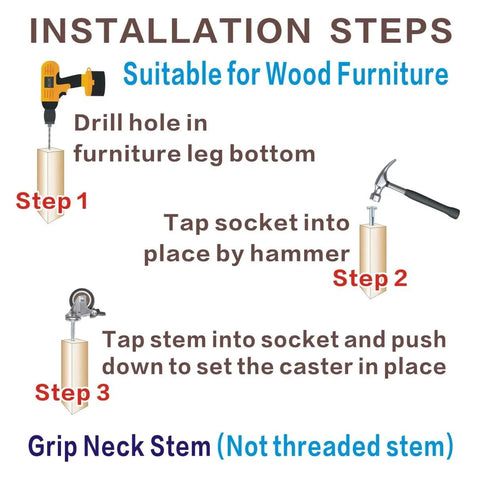 Installation guide for 2 Inch Non Marring Rubber Caster Wheels 4 Pack with brakes, showing drill, socket, and grip neck stem.
