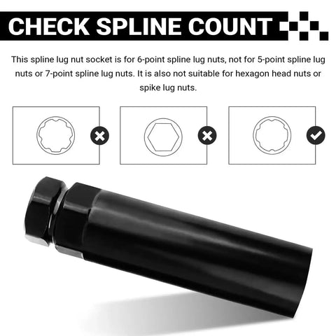 Diagram showing compatibility of Large 6 Spline Lug Nut Socket 21 mm And 22 mm Hex Wrench with 6-point spline lug nuts