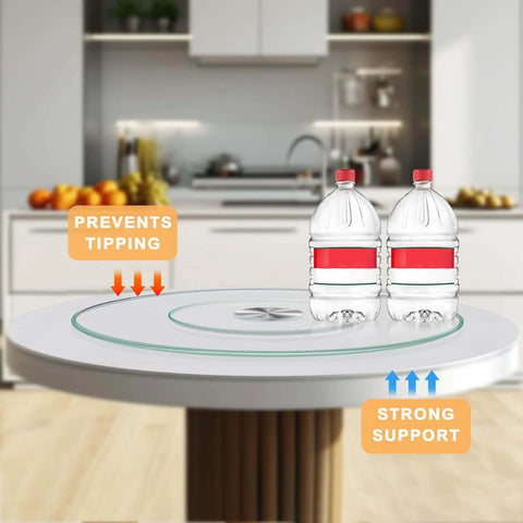 27 inch tempered glass lazy susan turntable with silent rotation, dining table support showing bottles on tray.