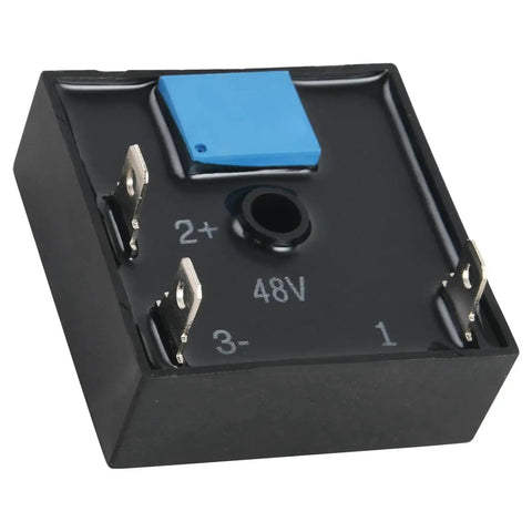 30 Second Brake Light Timer Relay for Golf Carts, black square unit with metal prongs, blue component, 12V-48V compatible