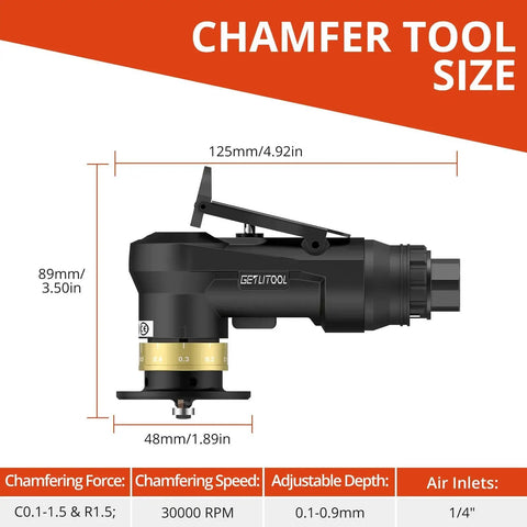 Side view of Pneumatic Chamfering Tool Kit Pro Grade With 12 C Angle And 10 R Angle Tungsten Blades, 30000 RPM, size details.
