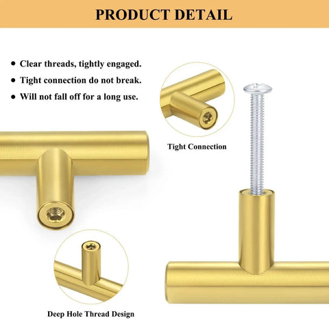 Close-up of gold cabinet handle showing tight connections and deep hole thread design, part of the 30 Pack Gold Cabinet Handles With 3 Inch Hole Centers Brushed Brass Finish Stainless Steel Dresser Drawer Pulls 5 Inch Overall Length Fingerprint Resistant Durable Kitchen Bathroom Bedroom Furniture Hardware.