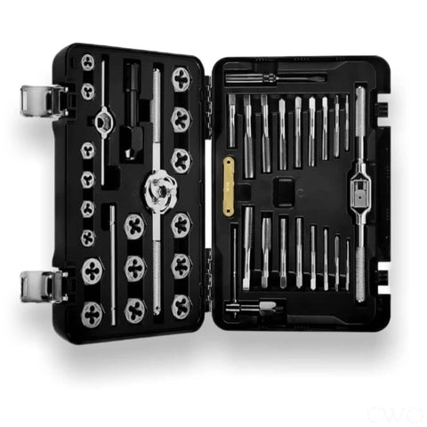 41-Piece Pro Grade Tap And Die Set With Tungsten Molybdenum Steel, Vacuum Hardened Threads For Durability, Tapered Starts For Easy Alignment in open black case showing tools.