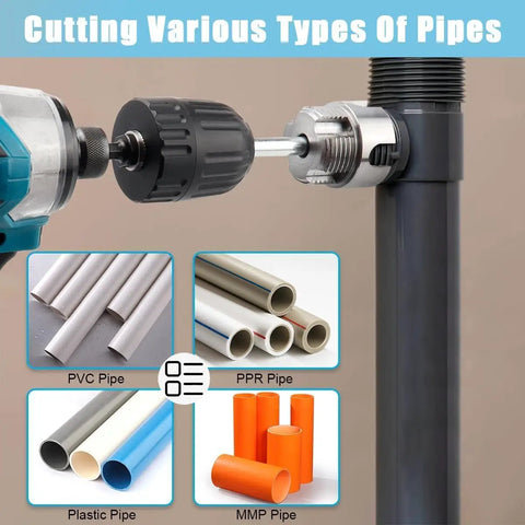All In One PVC Pipe Threader Kit For One Half Inch Three Quarter Inch And One Inch Pipes Evponk Internal And External Threading Tool Set For Electric Drill Tapping And Rethreading System Three Piece Fast And Easy shown with various pipe types