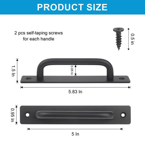 Diagram of 4 Pack Black Zinc Alloy Barn Door Handles Set With Mounting Plates 5 Inch Hole Center Spacing, dimensions labeled.