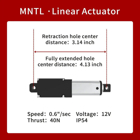 Compact 25mm Stroke Linear Actuator, 40N 8.81 Lbs Force, IP54 Aluminum Body, labeled extension measurements, 12V, 0.6 In Per Sec