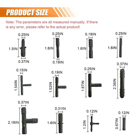 Product size chart for 125 Piece Vacuum Connector Kit For Auto Hose Fittings And Tubing Nylon Barbed Tee Reducer And Straight Connectors