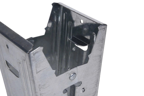 Close-up of galvanized 2x4 sawhorse bracket from set of 4 for durable sawhorses, ideal for woodworking and construction.