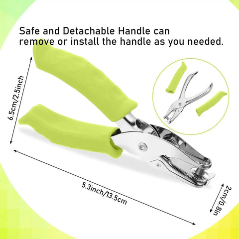12 Piece Mini Hole Punch Set, 1/4 Inch Metal Punch with green rubber grip, shown with detachable handle feature, for crafts and tags.