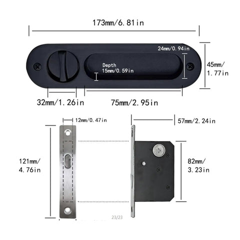Diagram of 6.8 Inch Privacy Pocket Door Lock Hardware With Key Sliding Pocket Door Handle, showing dimensions and parts.