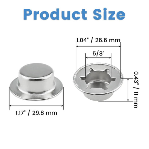 Heavy Duty Push Nut Cap Set For Five Eighths Inch Axles, Built Tough With Spring Steel Permanent Washer Caps, size dimensions displayed