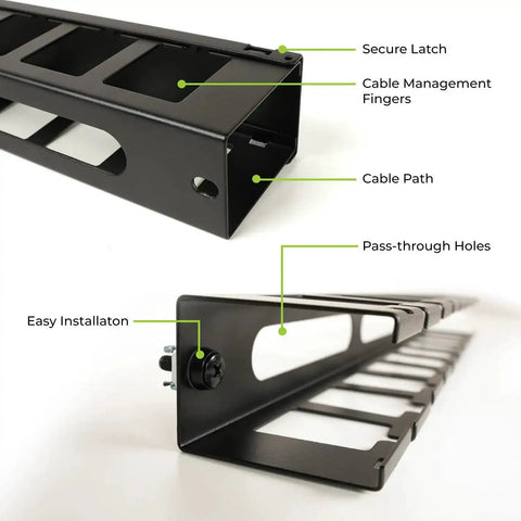 1U 19 Inch Horizontal Cable Management Duct With Removable Cover, rugged steel construction, features pass-through slots and secure latches.