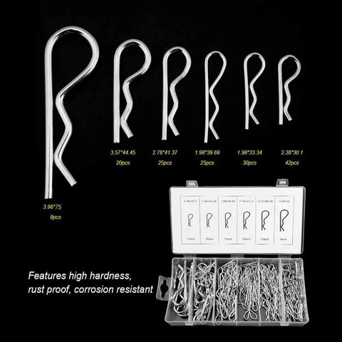 150 Pcs R Clip Cotter Pin Set with 6 Sizes in Plastic Box, shown organized in compartments, features high hardness.