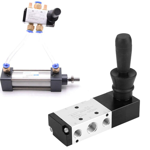 Manual Pneumatic Valve Hand Lever Control for 5 Port 3 Position Air Circuit, G1/8 Mechanical Valve showcased with hand lever