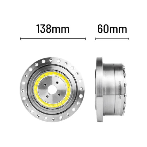 Front and side view of Beefed Up High Torque Harmonic Drive Strain Wave Gear Reducer, shown with dimensions of 138mm diameter and 60mm depth.