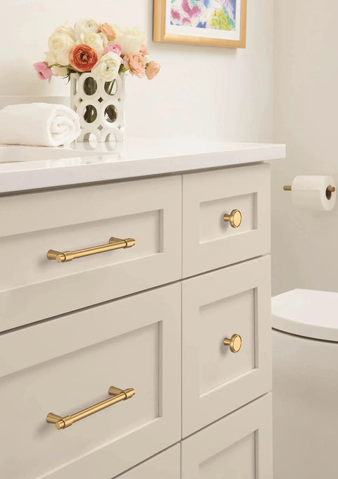 Champagne Bronze Destine Cabinet Pull 5-1/16 Inch Center-To-Center on bathroom drawers in modern setting