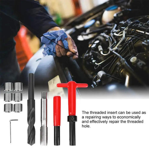 11 Piece M16x2 Thread Repair Kit Set With Stainless Steel Twisted Drill Tap Hex Wrench Threaded Inserts Breaker Tool And Hex Wrench Helicoil Thread Repair Kit For Damaged Wood And Metal Threads, shown next to a car hood in a garage.