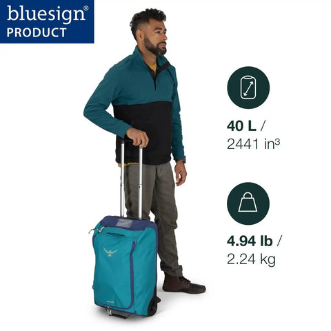 Man holding Daylite 40L Wheeled Carry On Collapsible Duffel Bag With Backpack Carry in black, showing 40L capacity and 4.94 lbs weight