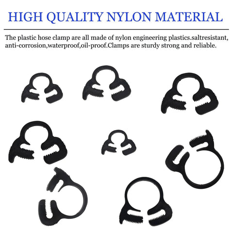 Heavy Duty Ratcheting Hose Clamp Set 6.1 To 26.1 Mm Adjustable Nylon Plastic Double Snap Grip 8 Size Kit pieces on white background.