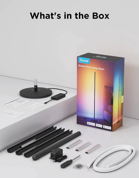 RGBIC Floor Lamp 1000lm With Music Sync And 16 Million Colors SmartThings Matter box contents with lamp parts and instructions