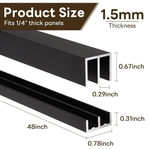 Aluminum Sliding Door Track Set For Quarter Inch Glass Panels, Black Finish, showing dimensions for 48 inch rails.