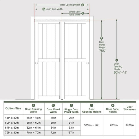 Diagram of sliding closet doors 60x80 inches with white bypass barn door hardware kit for bedroom and laundry room.