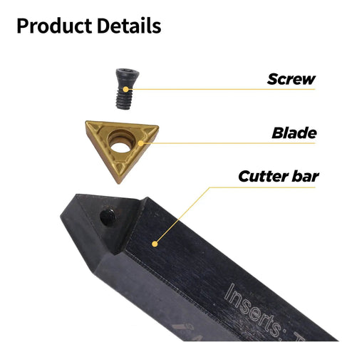 Image showing components of Quarter Inch Indexable Turning Tool Set With TCMT Carbide Inserts, Five Pieces, including screw, blade, and cutter bar.