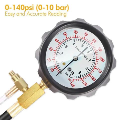 Close-up of Fuel Injector Pressure Tester Gauge Kit 0 To 140 PSI With Adapters And Fittings, showing gauge face.
