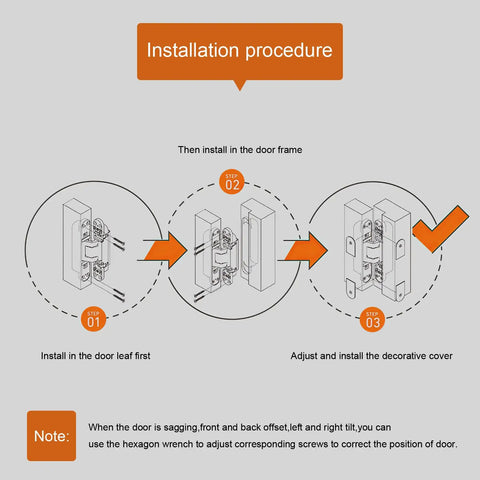 Installation process of 3 Way Adjustable Invisible Door Hinge Concealed Hidden 180 Degree Swing Zinc Alloy Matte Gold Butt Hinge