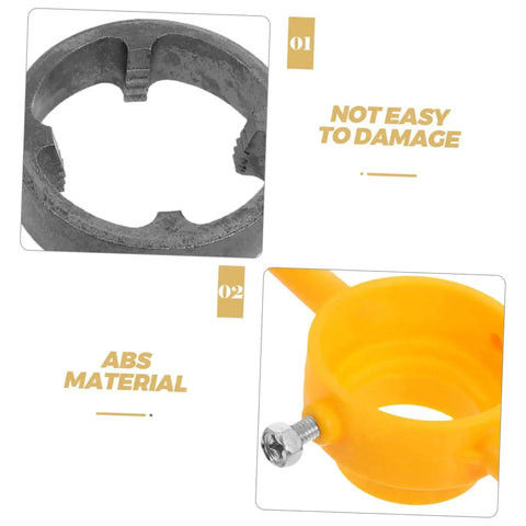 Close-up of Hardcore Pipe Threader Kit showing metal threading tool and yellow ABS component with durability notes.