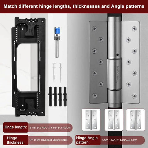 Door Hinge Mortiser Kit With Router Template For DIY Friendly, Pro Grade Install Adjustable Jig and components