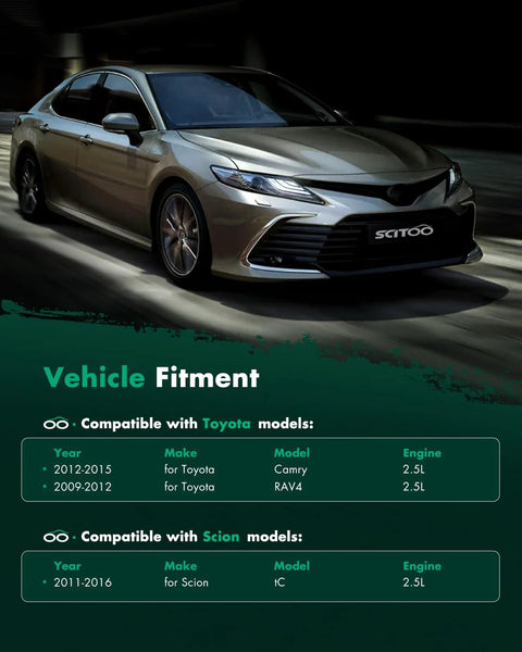 Toyota Camry parked in a dark showroom highlighting compatibility for Beefed Up Power 100 Amp Alternator Replacement For Toyota Camry 2012 2015 2.5L, RAV4 2009 2012 2.5L, Scion tC 2011 2016 2.5L With CW SD6 Pulley OE Replacement 11402N 2706036010