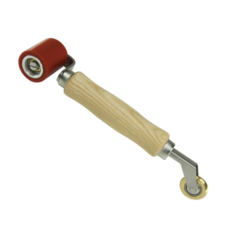 Welding handheld roller with a wooden handle, red 40mm silicone seam roller head and 6mm brass penny roller.
