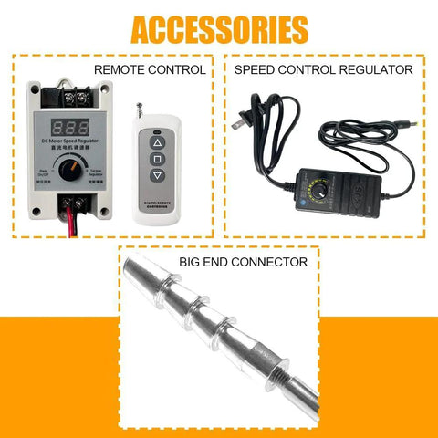 Accessories for Compact Mini Reciprocating Linear Actuator With Adjustable Stroke From 1.18 To 6 Inches, DC 24V, showing remote control, speed control regulator, and big end connector