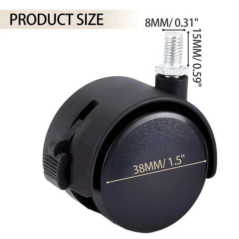 Side view of 1.5 Inch M8 Threaded Stem Casters With Brakes Black Nylon Furniture Casters showing dimensions.