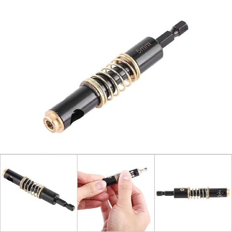 5mm Center Drill Bit Set With 1 Quarter Inch Hex Shank Self Centering Hinge Tapper for woodworking, close-up view on white background.
