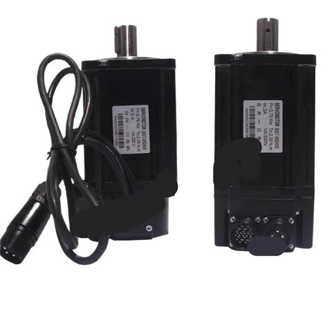 Two black 220V AC servo motors; side and rear views with cables, 0.4 kW, 1.27 N·m, 3000 RPM, without brake.