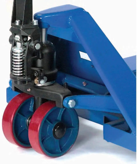 Pallet jack with blue powder-coated frame and red wheels, side view