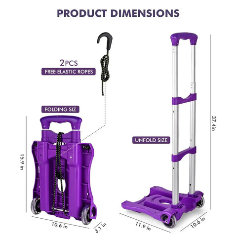 Heavy Duty Folding Hand Truck With Adjustable Height For Luggage And Moving, 110 LB Capacity, 4 Wheel Utility Dolly, Purple