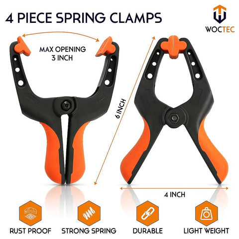 WOCTEC 4-pack spring clamps for woodworking, 6-inch clamps with 3-inch jaw opening, orange and black handles