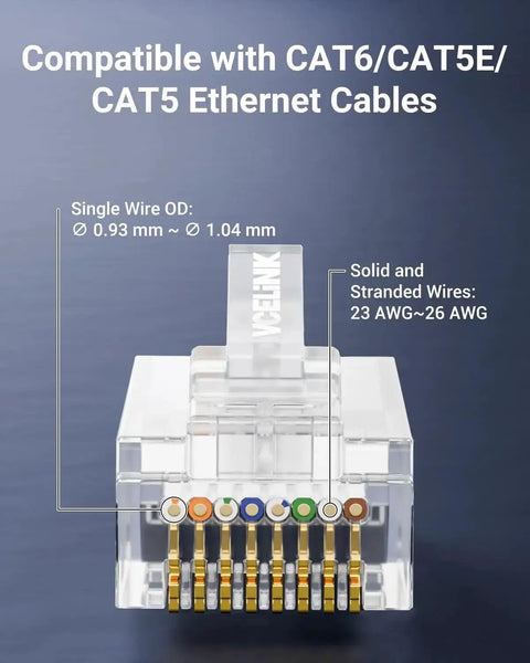 Pro Grade 25 Pack Cat6 RJ45 Pass Through Connectors, UL Listed, 10Gbps Unshielded Ethernet Plugs showing wire compatibility