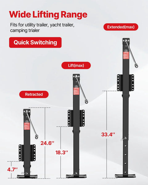 Three heavy-duty 8000 lb trailer jacks in black finish shown at retracted, mid, and extended positions; includes socket set