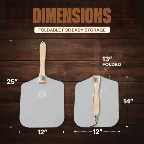 Foldable Aluminum Pizza Peel 12 By 14 Inch With Wooden Handle, 25 Inch Total Length Turning Spatula For Easy Oven Rotation, Pizza Paddle And Paddle Spatula, Chicago Brick Oven Pizza Accessories with dimensions shown.