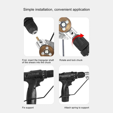 Drill Plate Cutter Attachment For Metal Shears with installation steps; insert shears, rotate chuck, fix support, attach spring.