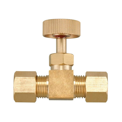 Minimprover brass replacement control needle valve with 1/4 in compression fittings, front view