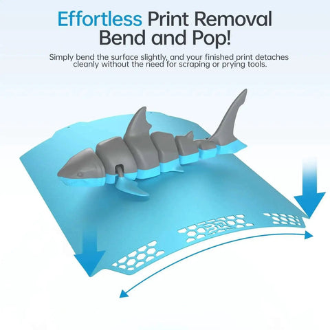 CryoGrip Pro Glacier Panda Double Sided Build Plate bending for print removal with shark model on blue textured surface