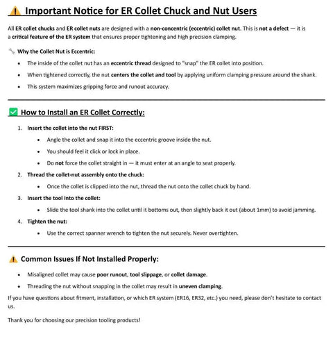 Instructional guide on installing ER collet chuck and nut, highlighting usage tips and common issues, emphasizing non-concentric collet feature.